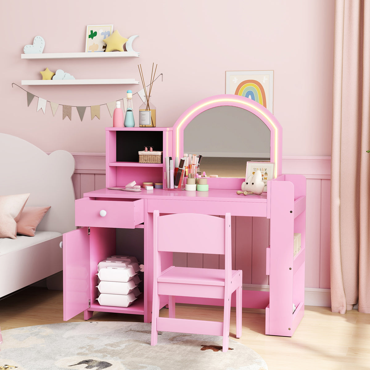 Qaba Kids Vanity Set, Toddler Dressing Table and Chair Set  with Lighted Mirror, Cabinet, Drawer and Shelves