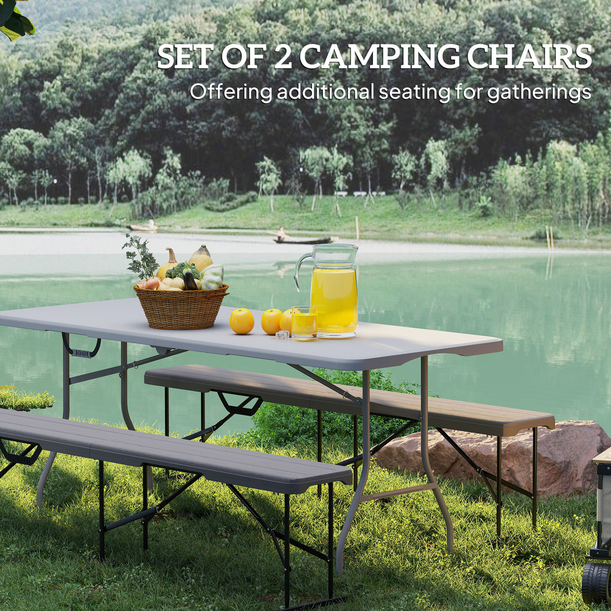 6 ft Plastic Bench Seat, 2 PC Portable Foldable Folding Bench with Carrying Handle for Picnic Camping, Distressed Brown