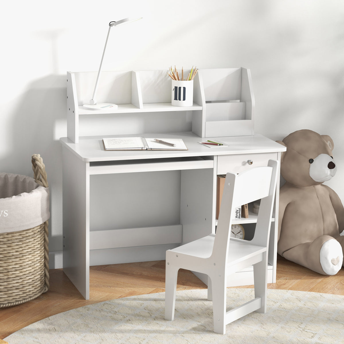 Qaba Kids Desk and Chair Set for 5-8 Year Old with Storage, Study Table and Chair for Children