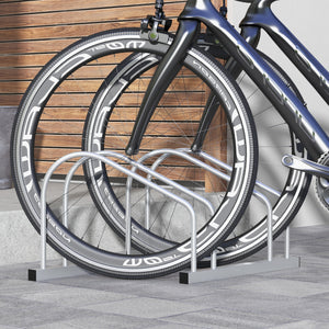 2-Bike Adjustable Bike Rack, Steel Bike Stand, Ground Mount Garage Organizer for Indoor and Outdoor Use, Silver