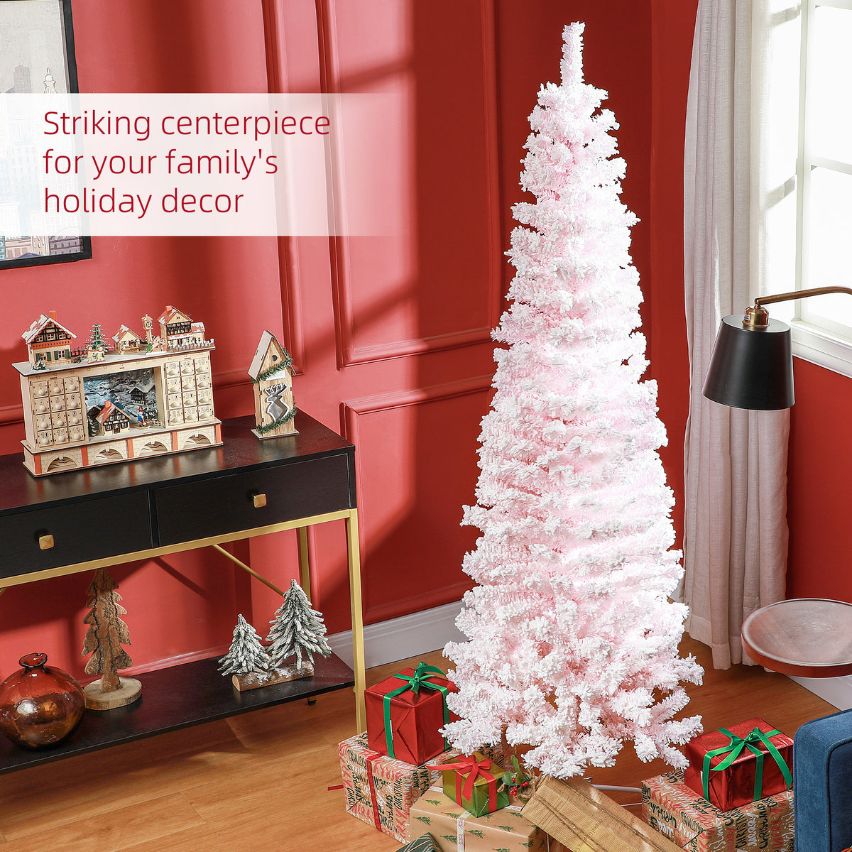 6ft Flocked Christmas Tree, Pencil Christmas Tree with Realistic Branch Tips, Folding Metal Stand, Green – view 24