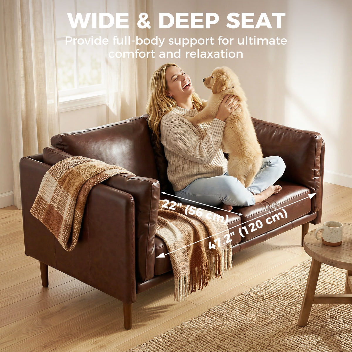 59" Loveseat Sofa, PU Leather 2 Seater Sofa with Wide Seat, High-Density Foam, Thick Cushion, Wood Legs, Brown
