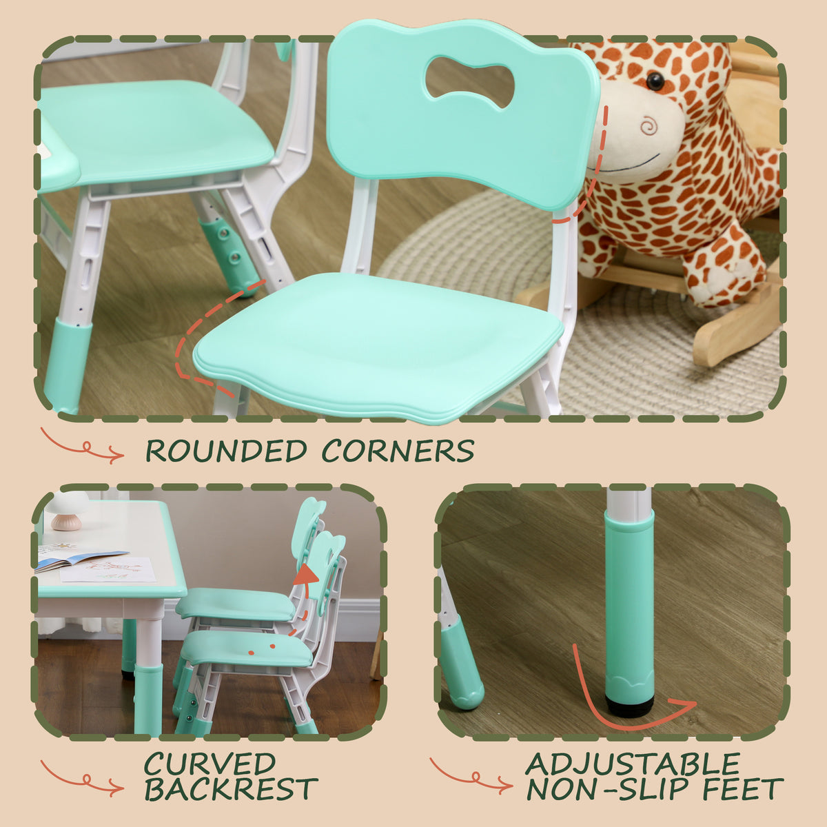 Qaba Kids Table and Chair Set with 4 Chairs, Adjustable Height, Easy to Clean, for 1.5 - 8 Years Old