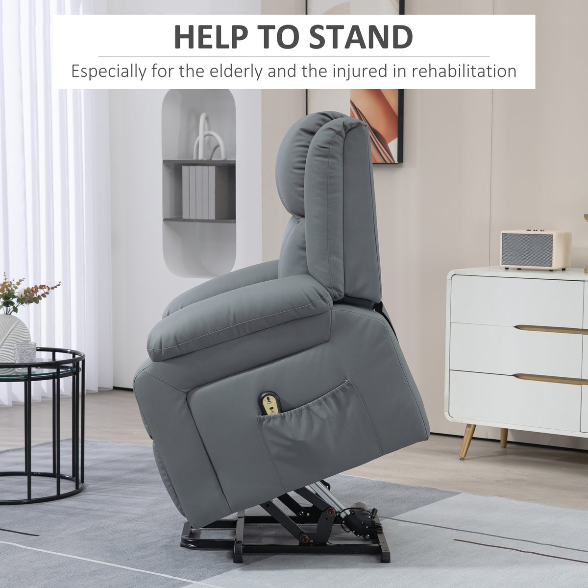 Lift Chair for Seniors, PU Leather Upholstered Electric Recliner Chair with Remote, Side Pockets – view 10