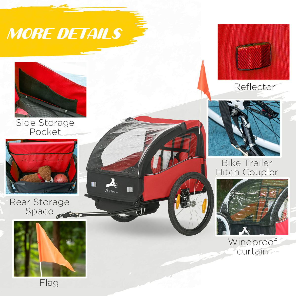 Aosom 2 Seat Bike Trailer for Kids, Baby Stroller with Storage Bag, 5 Point Harness, Bicycle Trailer with 20" Wheels