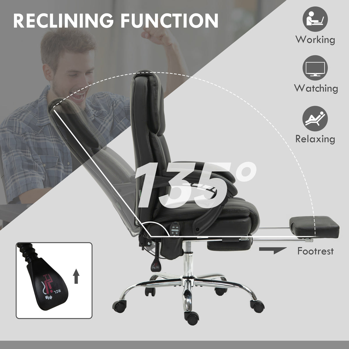 Massage Office Chair, Reclining Executive Office Chair with 6-Point Vibration, Footrest and High Back, Black – view 5