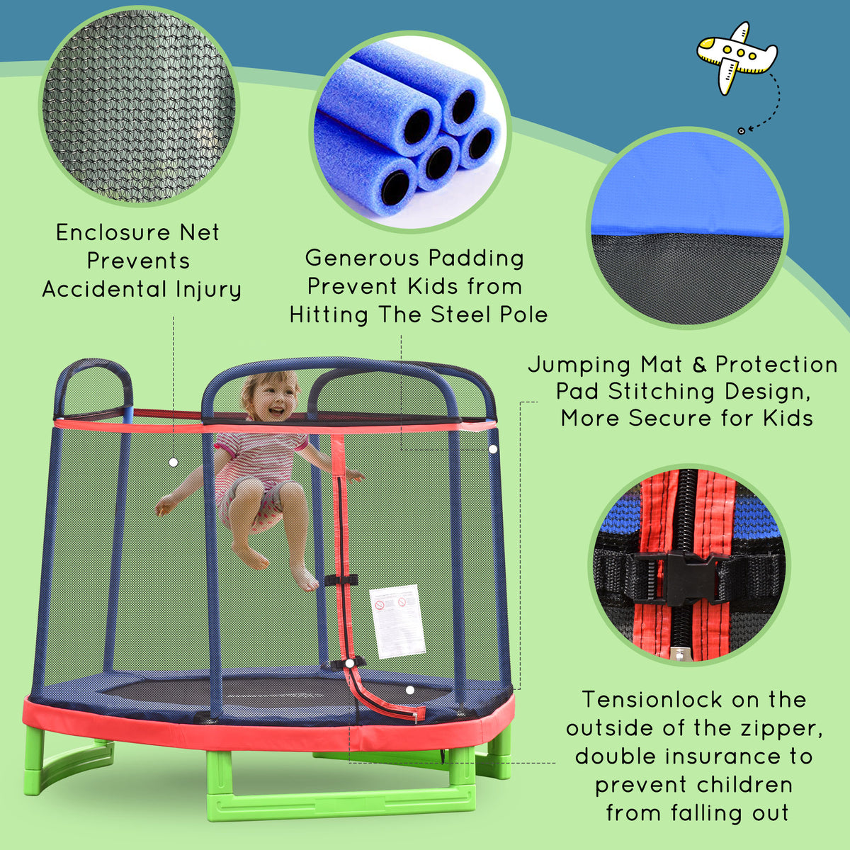 84.75" Kids Trampoline 7 FT Indoor Outdoor Trampolines with Safety Net Enclosure Built-in Zipper Padded Covering, for Boys and Girls, Red