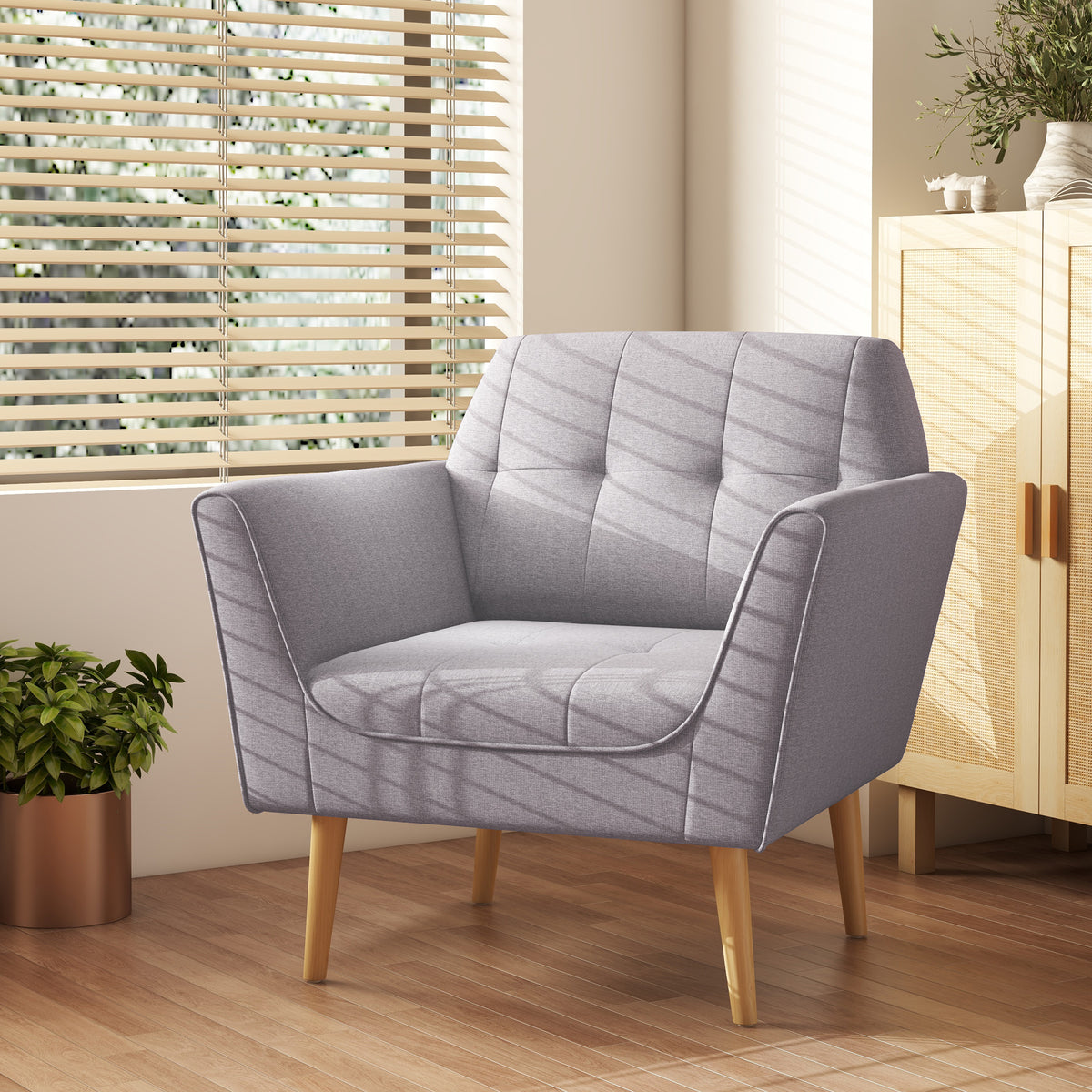 Upholstered Armchair, Modern Accent Chair with Tufted Pattern, Rubber Wood Legs for Living Room, Bedroom, Grey