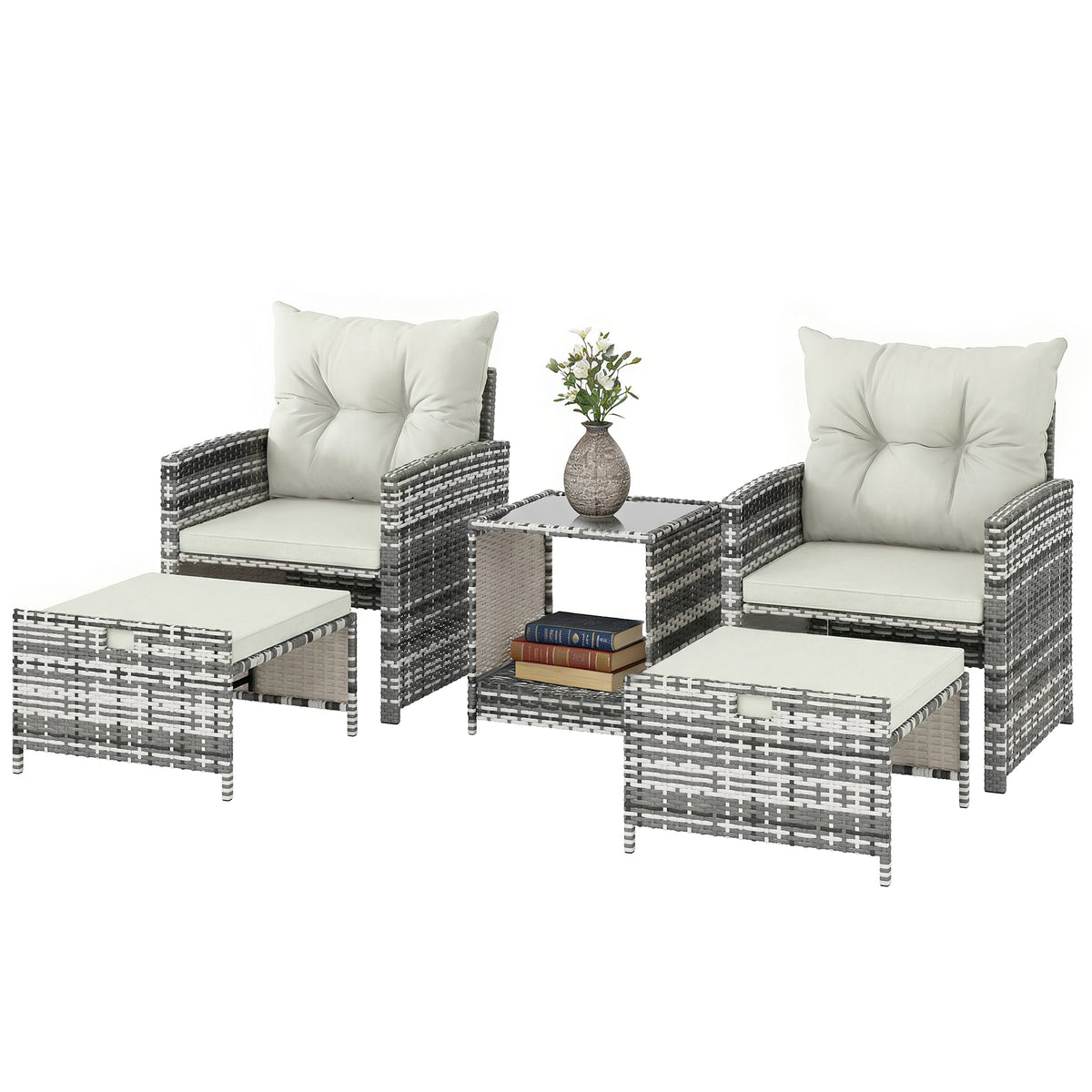 5 Piece Patio Furniture Set, Wicker Patio Chairs with Ottomans, 2-Tier Glass Coffee Table and Cushions – view 8