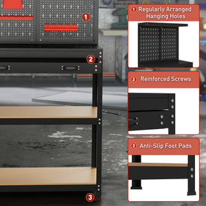 Work Bench with Pegboard, 31.5" Heavy Duty Metal Workbench with Hanging Kits, 2 Lower Shelves and Large Drawer, Black