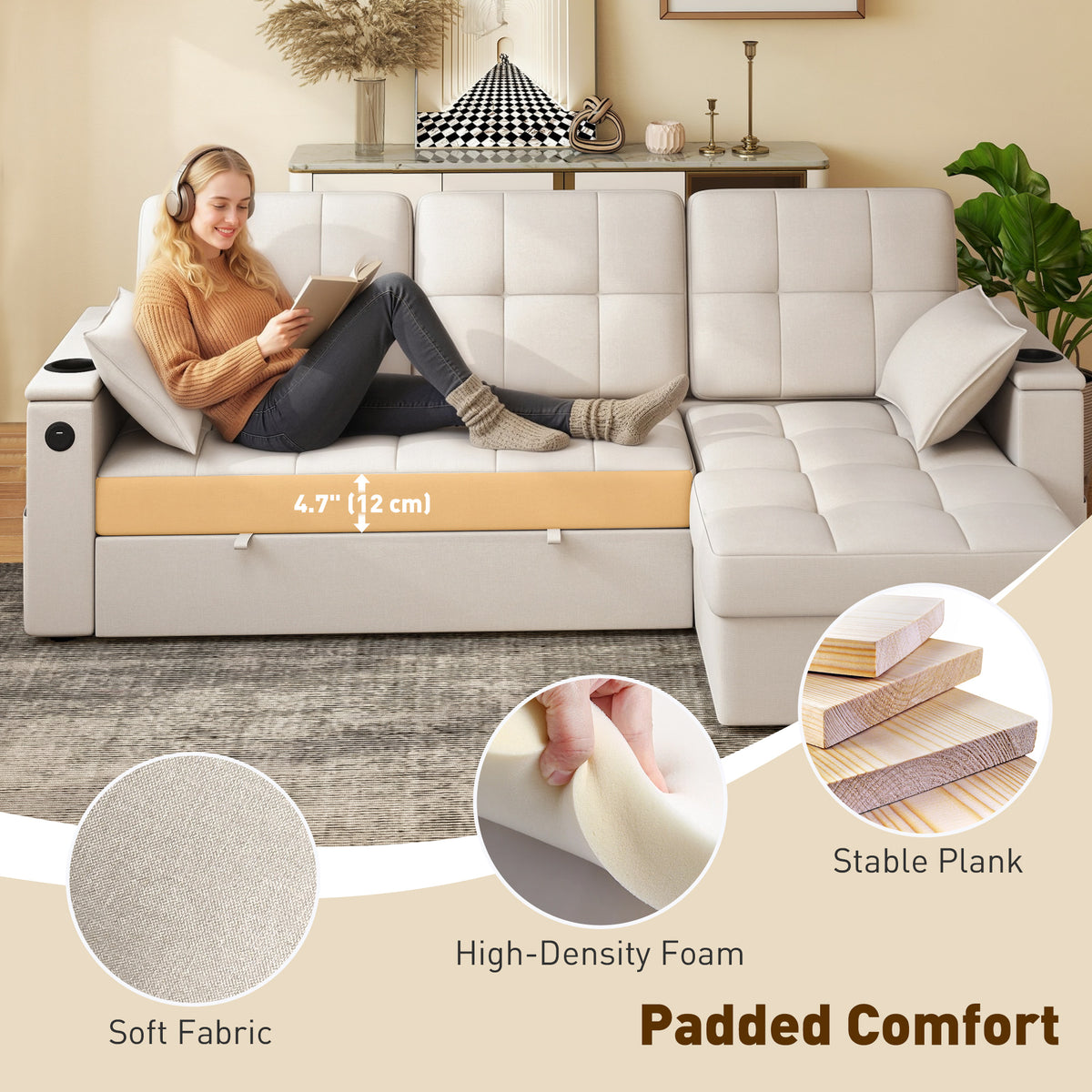 Convertible Sectional Sofa Bed, Pull Out Sleeper Sofa Couch with USB‑A+C, Chaise Storage – view 6