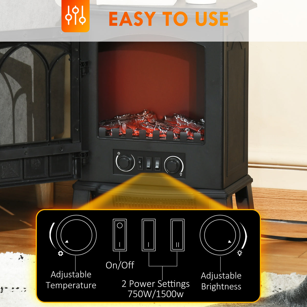 Electric Fireplace Stove, Freestanding Fireplace Heater with Realistic Flame, Adjustable brightness, Overheating Safety System, Black