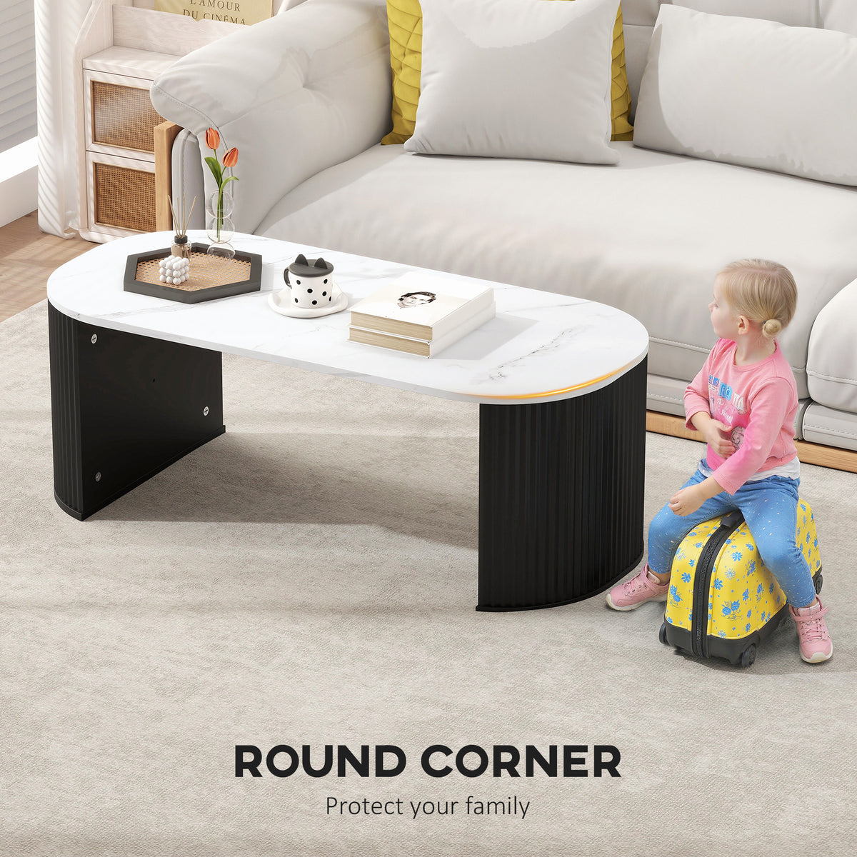 Coffee Table, Modern Marble-Effect Living Room Table with Round Corners and Thicken Legs, Black