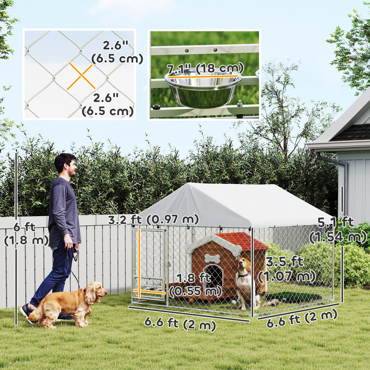Outdoor Dog Run w/ Adjustable & Rotating Bowls, Water-Resistant UV-Resistant Cover, Secure Lock, 6.6' x 6.6' x 5.1'