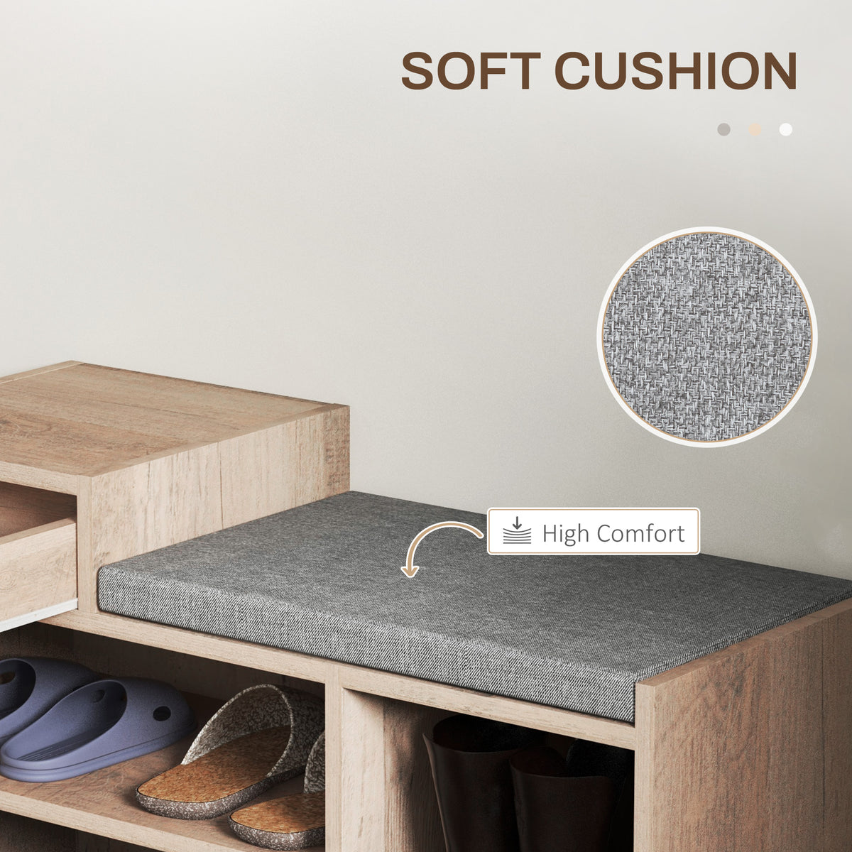 Upholstered Shoe Storage Bench, Hallway Shoe Storage with Seat, Drawer, 3 Open Shelves for Entryway, Grey – view 5