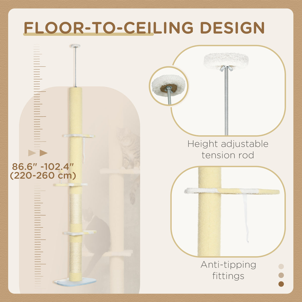 87"-102" Floor to Ceiling Cat Tree w/ Sisal Scratching Posts, Anti-tip Kit, Perches, Toy Ball, Yellow