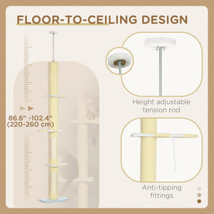 87"-102" Floor to Ceiling Cat Tree w/ Sisal Scratching Posts, Anti-tip Kit, Perches, Toy Ball, Yellow