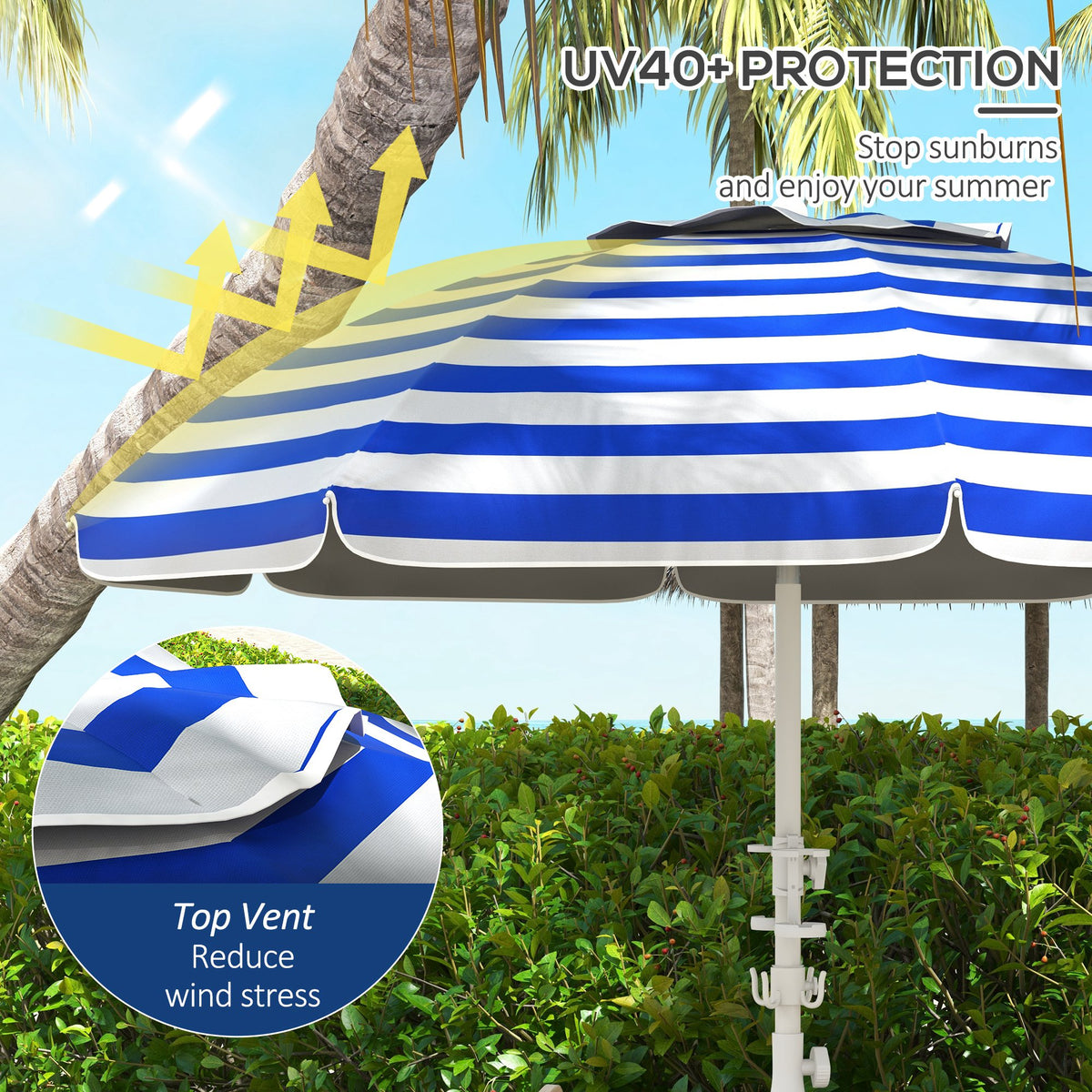 5.7' Beach Umbrella for Travel with Tilt, Adjustable Height, 2 Cup Holders, Hook, Vent, Ruffles, Blue and White