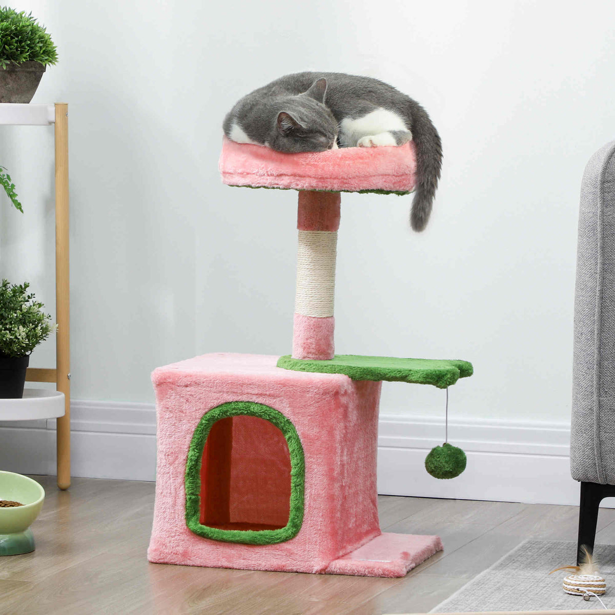 28" Cat Tree Tower with Plush Top Bed, Cozy Condo, Sisal Scratching Post, Perch, Dangling Ball, Beige and Yellow