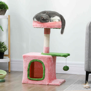 28" Cat Tree Tower with Plush Top Bed, Cozy Condo, Sisal Scratching Post, Perch, Dangling Ball, Beige and Yellow