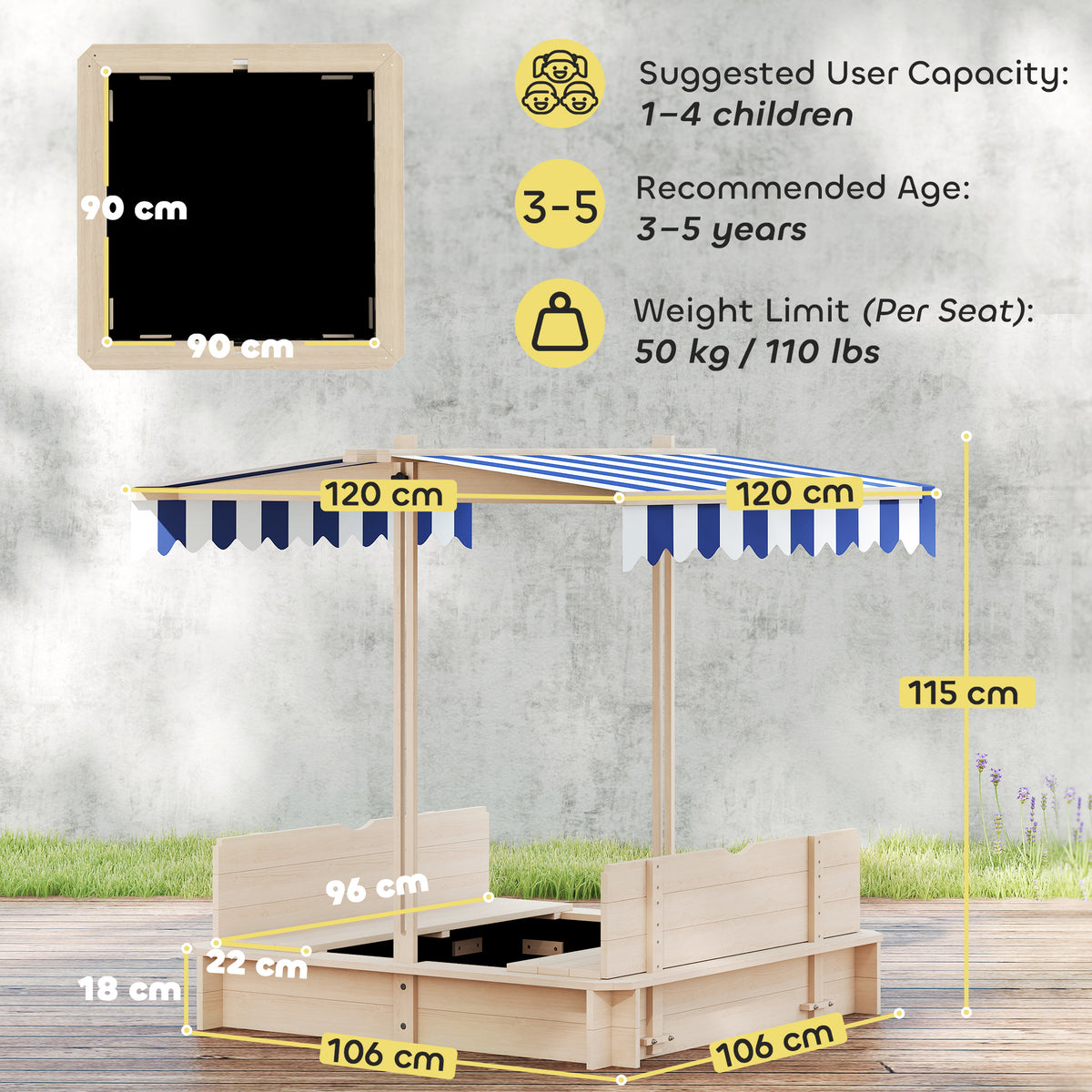 Kids Wooden Sandbox Outdoor Backyard Playset Children Play Station w/ Adjustable Canopy & Convertible Bench – view 4