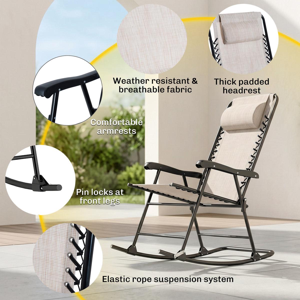 3pc Patio Rocking Chair Set, Folding Outdoor Rocking Chairs and Table Bistro Set w/ Breathable Mesh Seat – view 4