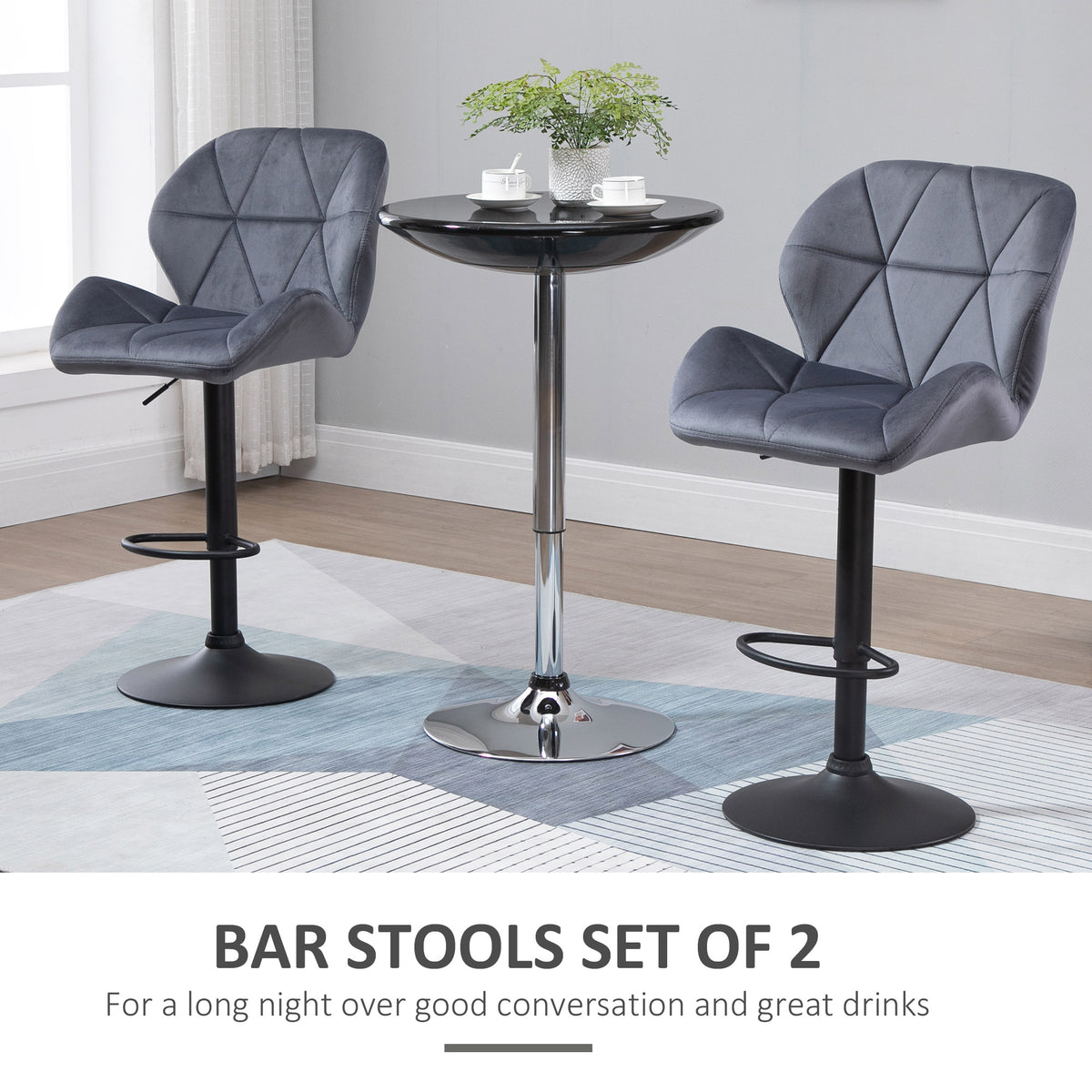 Bar Stool Set of 2 Fabric Adjustable Height Armless Upholstered Counter Chairs with Swivel Seat, Black – view 10