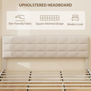 Queen Size Bed Frame with Upholstered Headboard, Modern Platform Bed Frame with Wood Slats, 1100 lbs Capacity, Cream