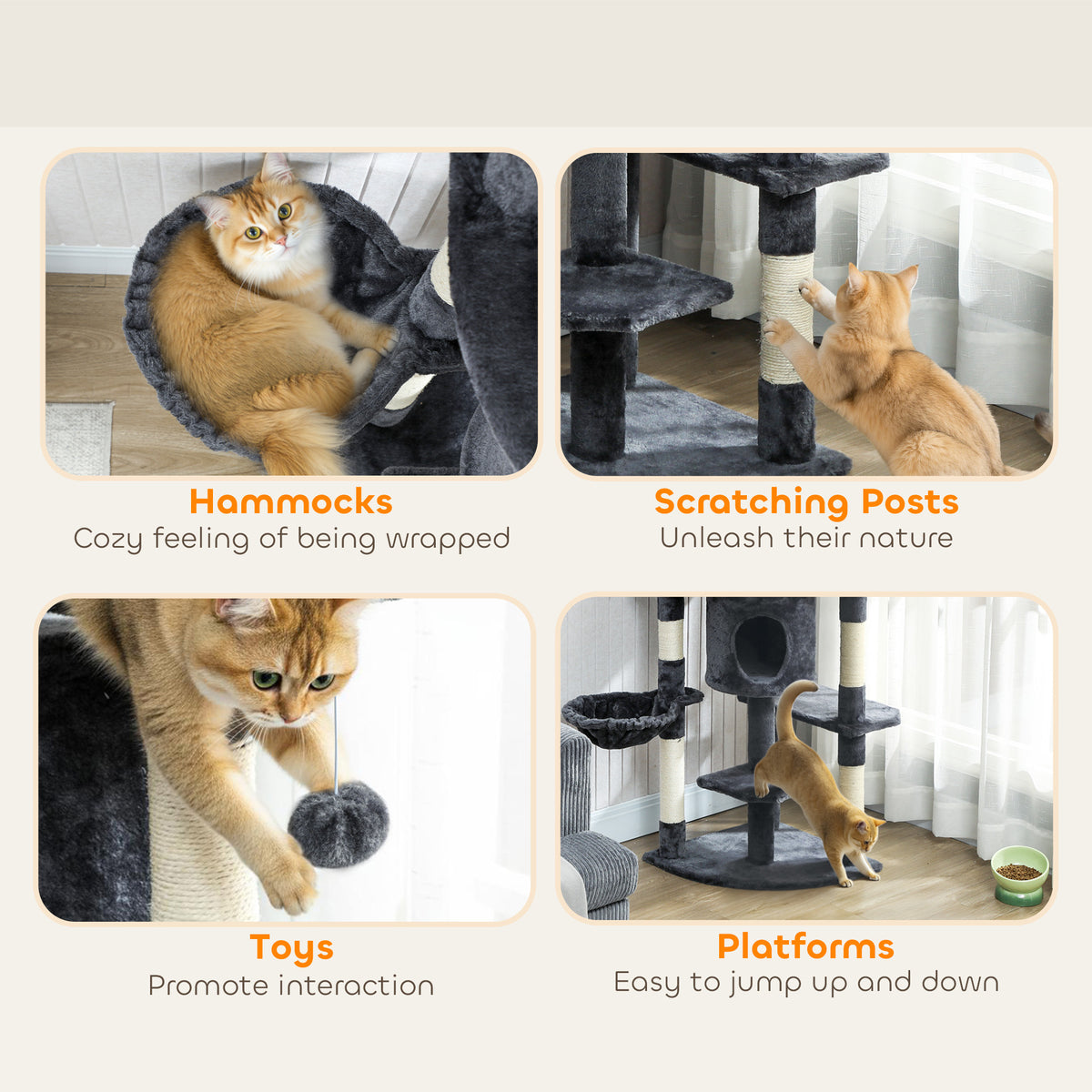 62" Cat Tree with Scratching Post, 2 Condos, Hammock, Perches, Plush, Pompoms, for Indoor Cats, Beige – view 13
