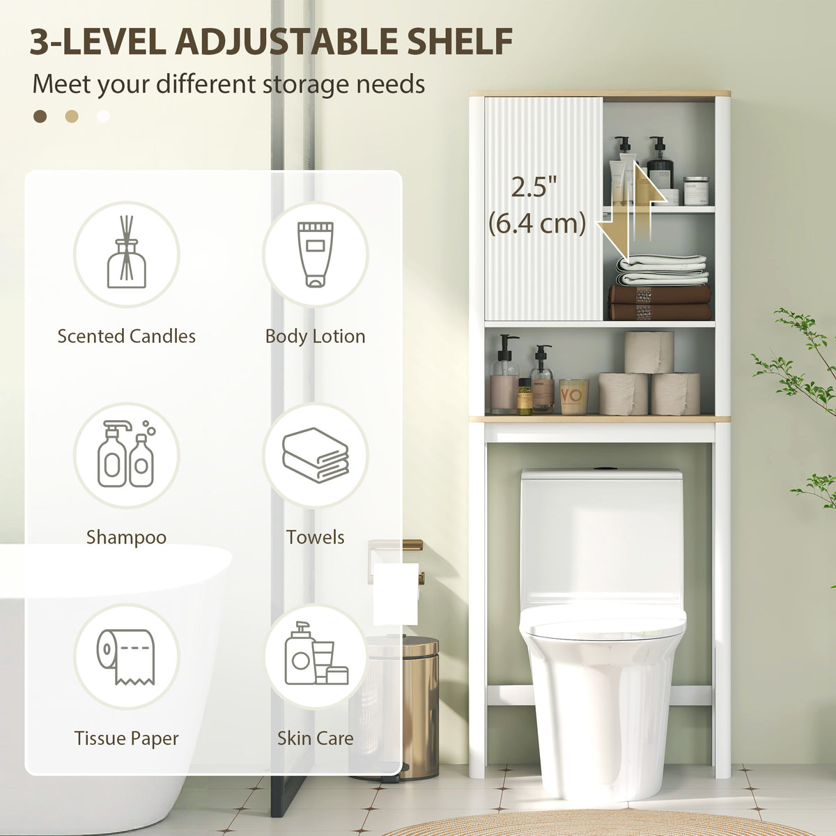 Over The Toilet Storage Cabinet, Bathroom Space Saver Cabinet with Adjustable Shelf, Bathroom Organizer, White