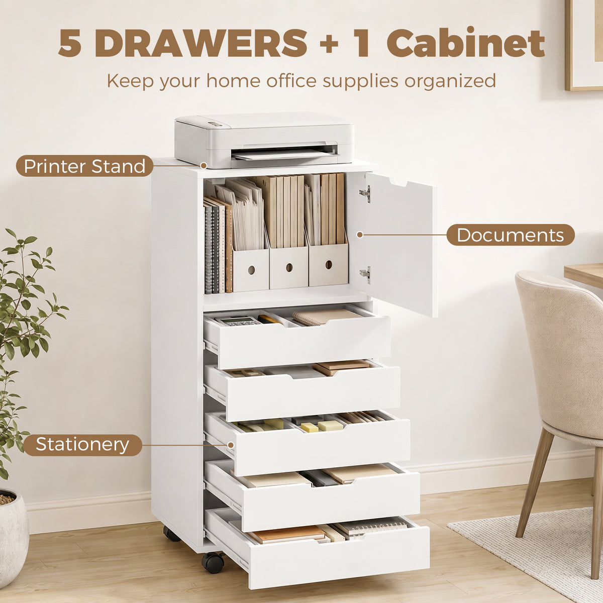 File Cabinet on Wheels Mobile Printer Stand with 5 Drawers for Home Office White