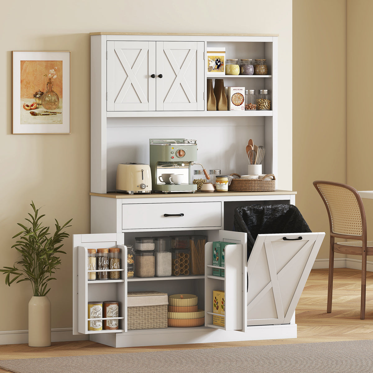 69" Pantry Cabinet with Charging Station, Kitchen Cabinet with Microwave Stand, Tilt-Out Trash Can Cabinet – view 14