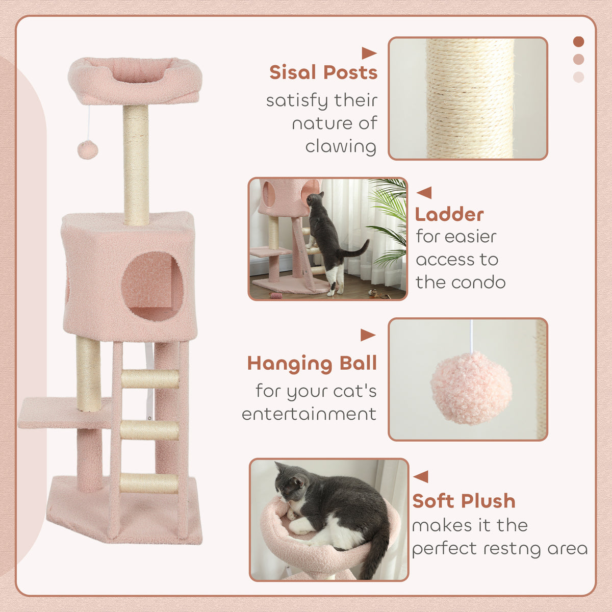 47" Tall Cat Tree Tower with Condo, Ladder, Scratching Posts and Hanging Ball, Light Grey – view 18
