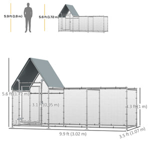 Walk In Chicken Run, Large Galvanized Chicken Coop, Hen Poultry House Cage, Rabbit Hutch Metal Enclosure w/ Water-Resist Cover for Outdoor Backyard Farm, 9.9' x 3.5' x 5.6'