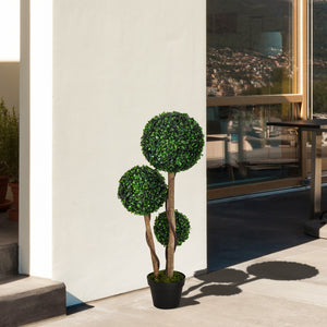 35 Inch Potted Fake Plant, Artificial Boxwood Topiary Tree, Triple Ball Tree for Indoor and Outdoor, Dark Green
