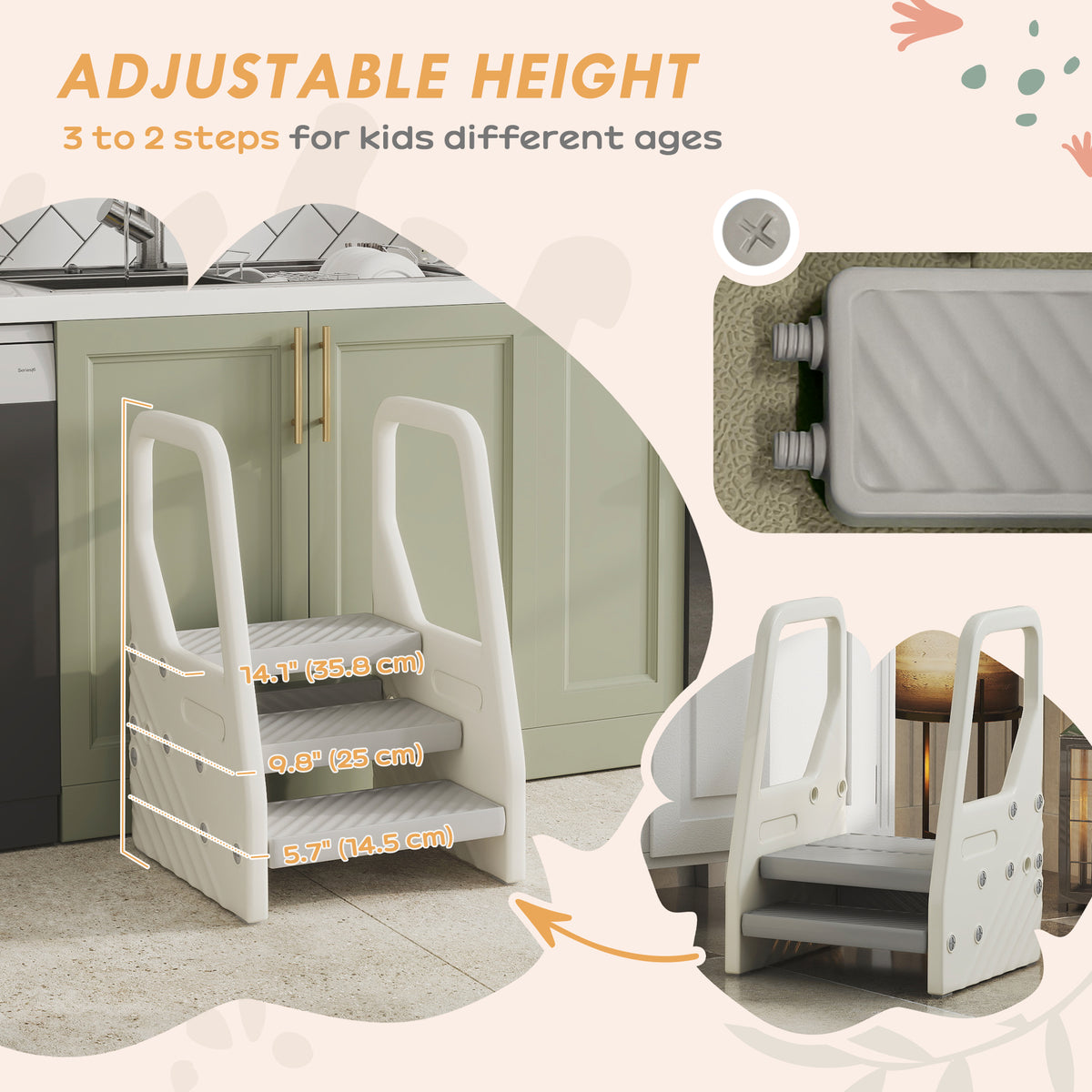 Qaba Adjustable Height Toddler Step Stool with Handle & Foot Pads, Grey