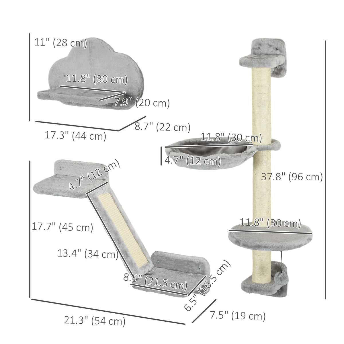 3PCs Cat Shelves with Hammock, Scratching Posts, Platforms, Grey