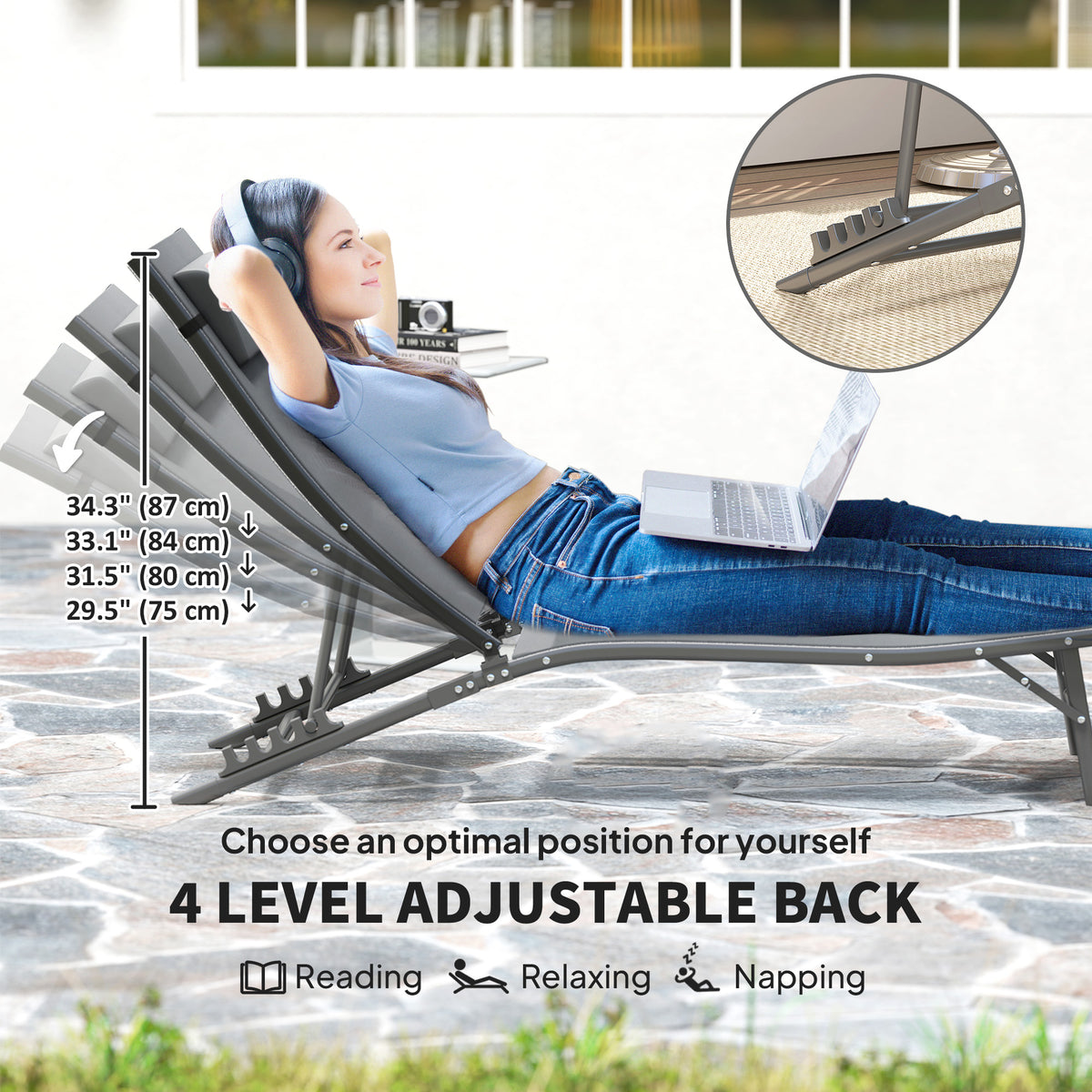 Folding Outdoor Chaise Lounge Chair Set of 2 with Adjustable Backrest, Headrest, Mesh Seat for Beach, Poolside, Grey