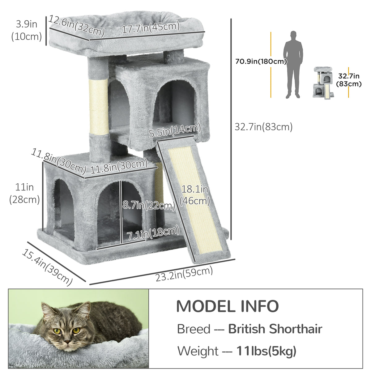 Plush Cat Tree Tower Activity Center with Sisal Scratching Post Scratching Board Perch Condo, Light Grey