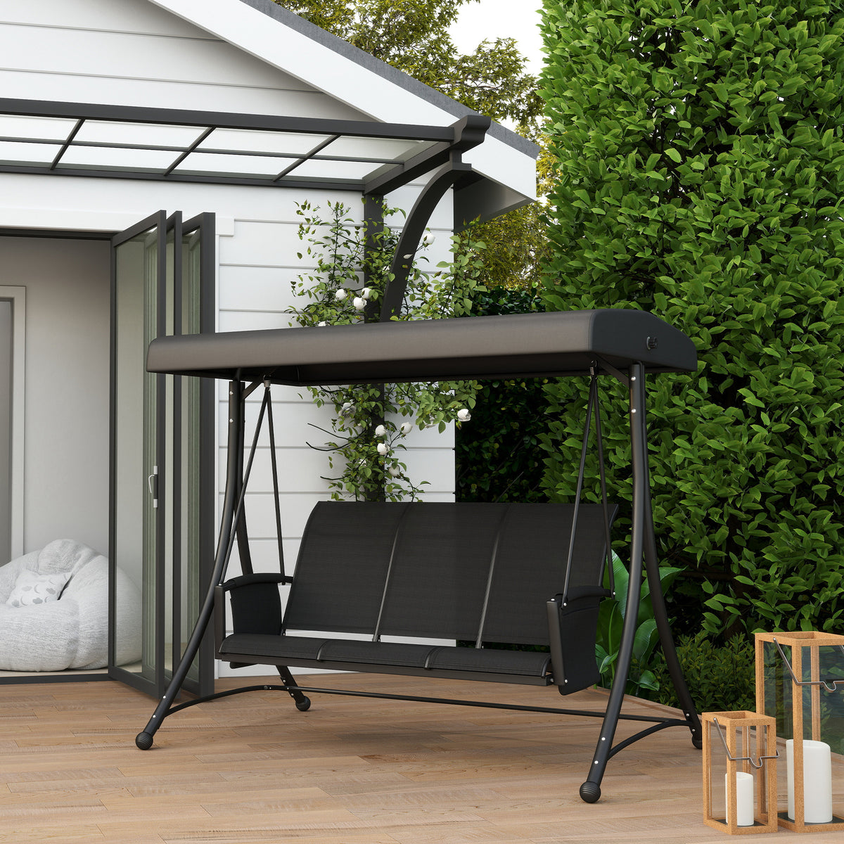 3 Person Porch Swing Outdoor Swing Chair with High Back Design, Side Pouches and Adjustable Canopy, Brown – view 21