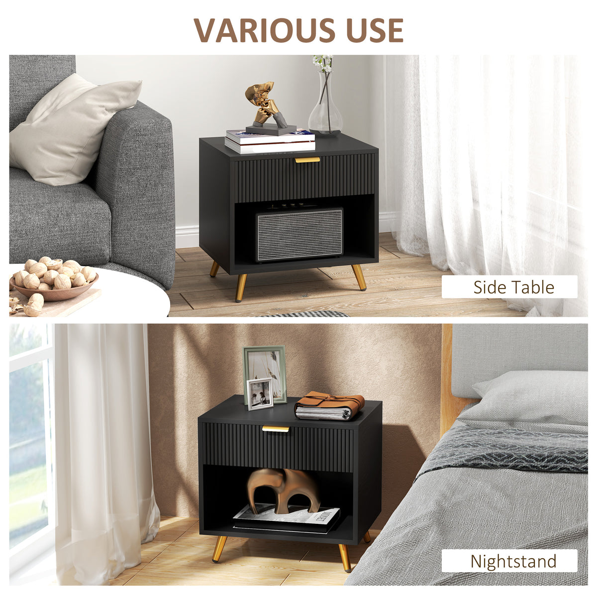 Nightstand with Fluted Panel, Bedside Table with Drawer and Open Compartment – view 5