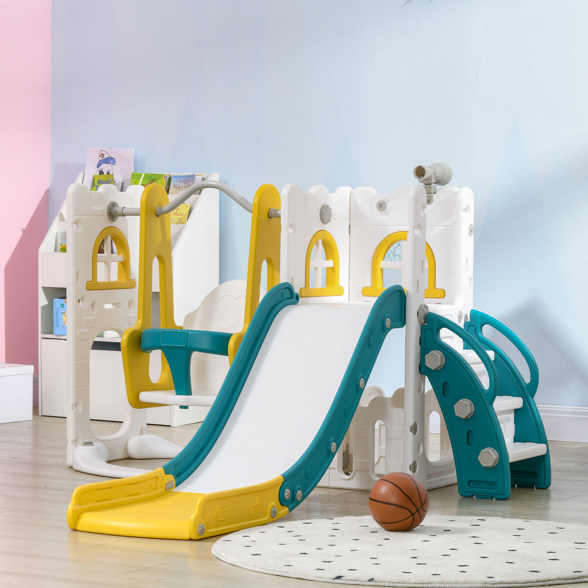 Qaba 6-in-1 Slide and Swing Set Baby Swing Playset Indoor with Basketball Hoop, Climber, Storage Space, Telescope