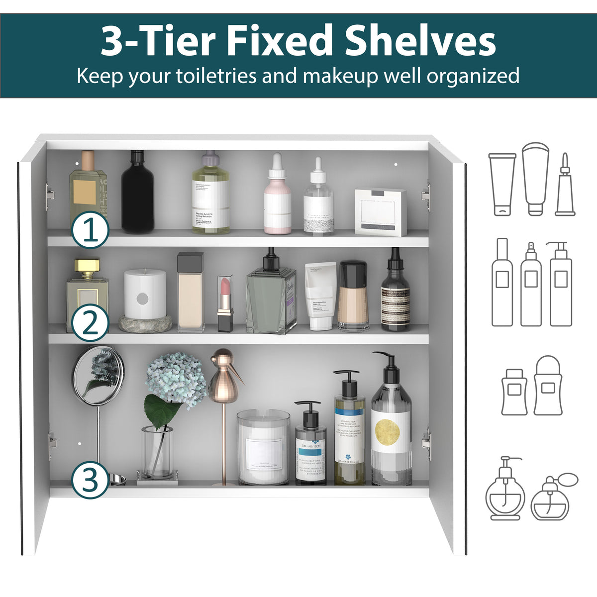 Wall Mounted Mirror Cabinet, Bathroom Medicine Cabinet with Mirror, 2 Doors and 3-tier Shelving, Silver