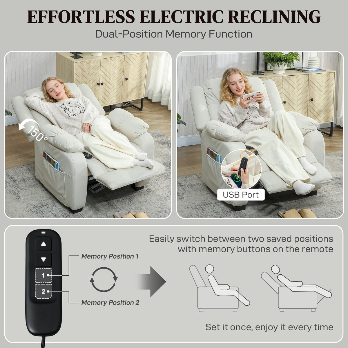 Massage Recliner Chair with Quiet Brushless Motor Pet-Friendly Fabric Power Recliner with 2 Memory – view 10
