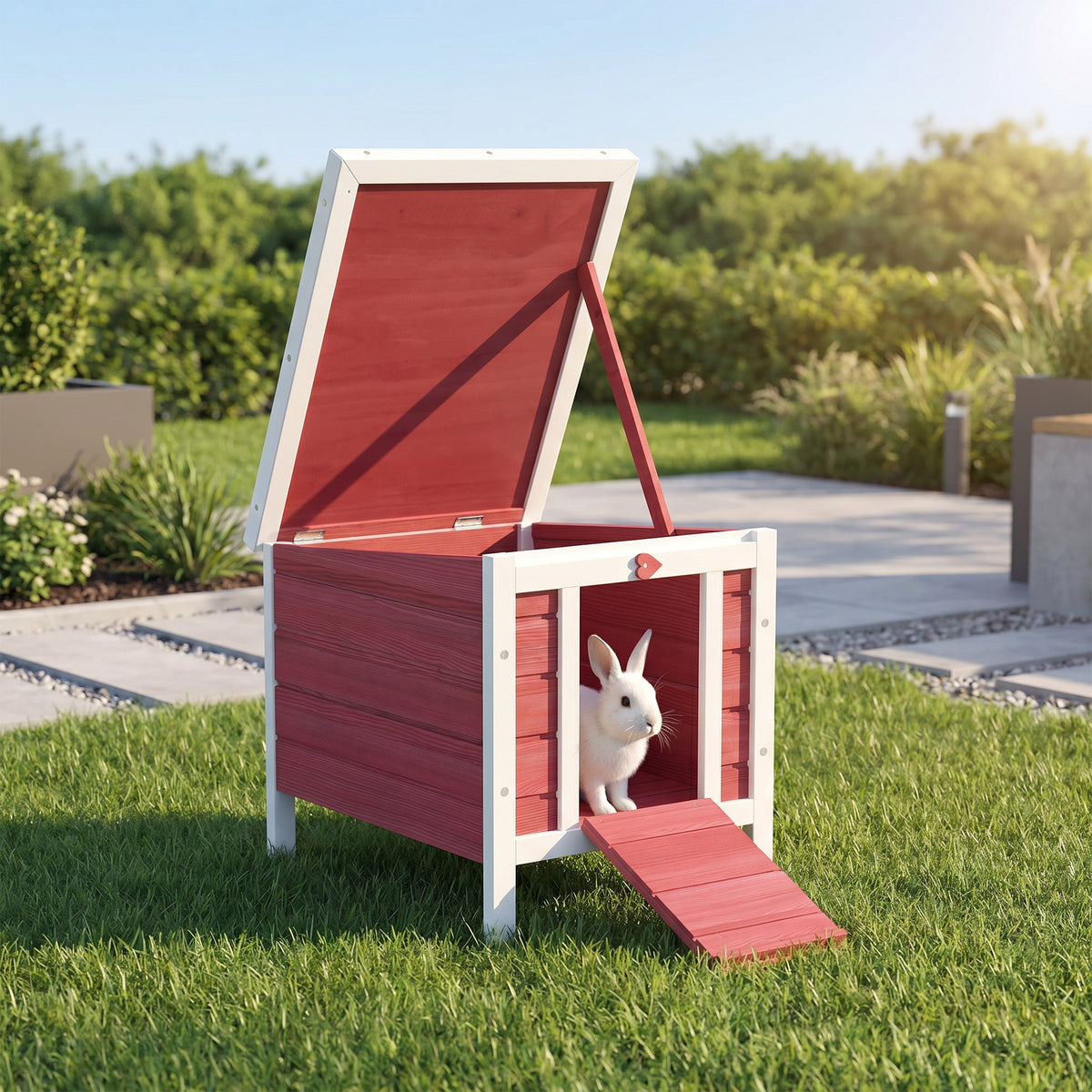 Wooden Rabbit Hutch, Bunny Cage with Waterproof & Openable Asphalt Roof, Outdoor Cat House Guinea Pig Cage Duck Shelter, Indoor Outdoor Use, 20" x 16.5" x 17", Orange