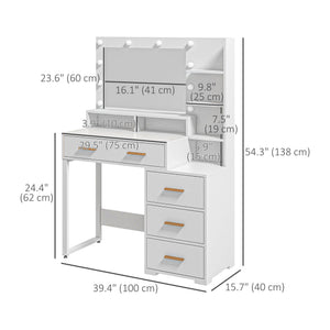 Illuminated Dresssing Table, LED Vanity Table with Mirror, Drawer and Storage Shelves for Bedroom, White