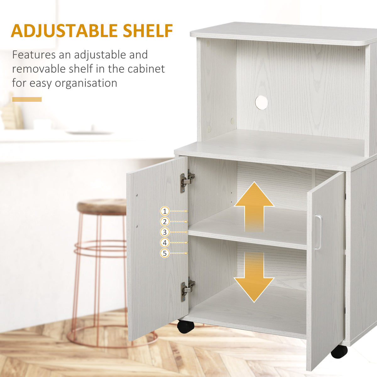 Microwave Cart on Wheels Utility Trolley Storage Sideboard Bookcase with 2-door Cabinet, Grey Wood Grain