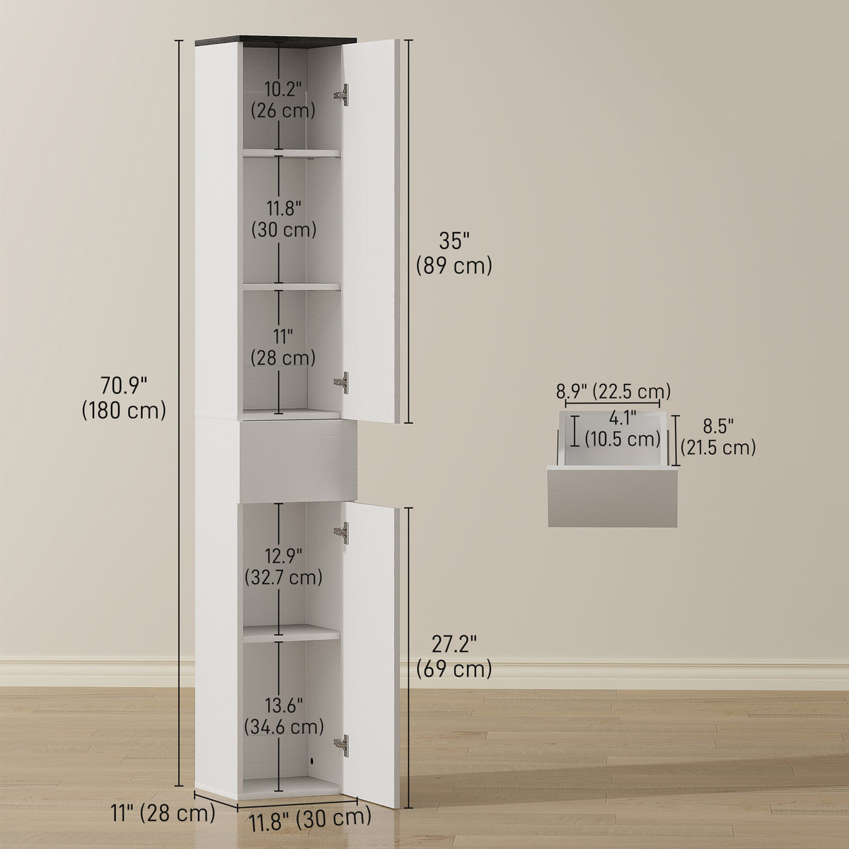 Tall Bathroom Cabinet with 2 Cupboards and Drawer, Slim Bathroom Storage Cabinet with Adjustable Shelves, White