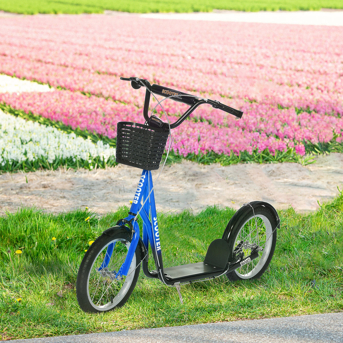Aosom Kick Scooter with Adjustable Handlebar, Kids Scooter with 2 Brakes Basket Cupholder 16" Inflatable Rubber Tyres