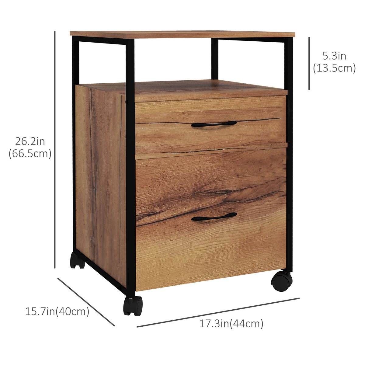 Vertical Filing Cabinet with Wheels, 26.2" Tall File Cabinet with 2 Drawers, Open Shelf, Hanging Bars for Letter and A4, Industrial Home Office Printer Stand, Rustic Brown
